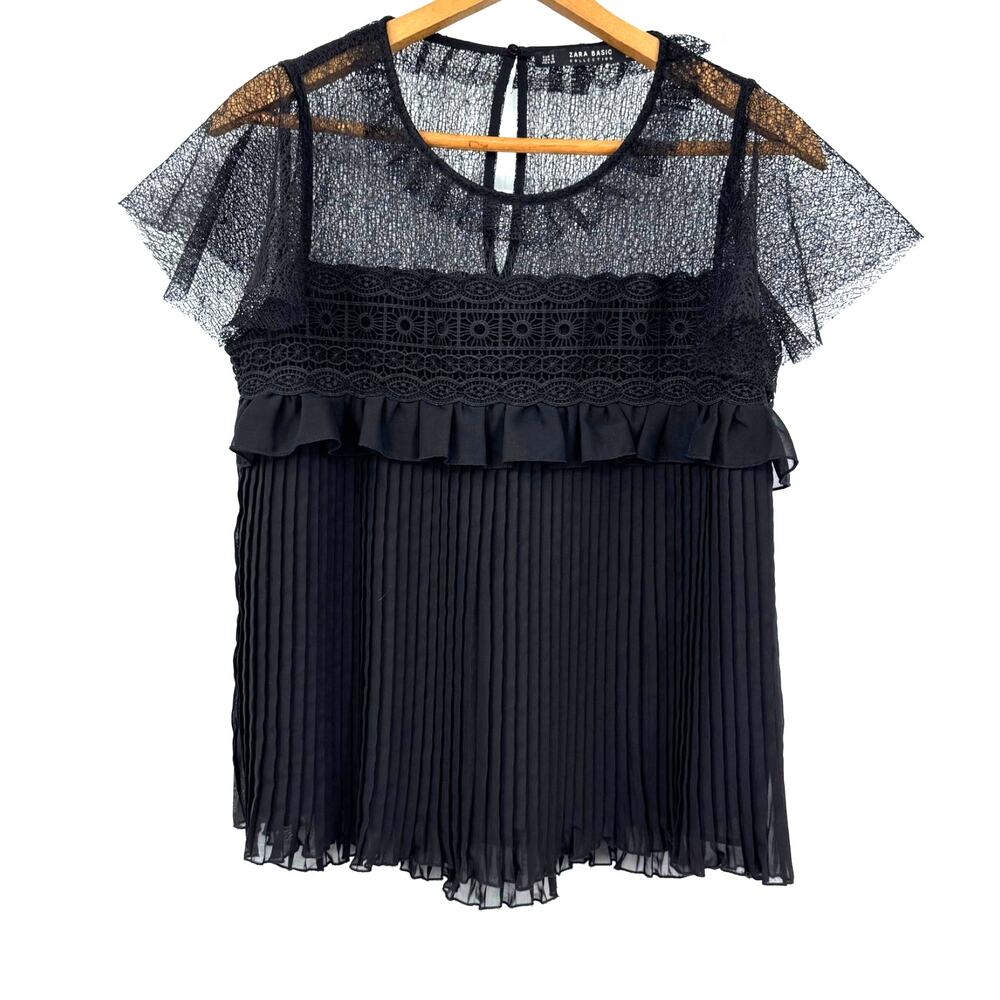 Zara Black Mesh Pleated Top Blouse S Sheer Crochet Whimsigoth Dark Fairy Y2K